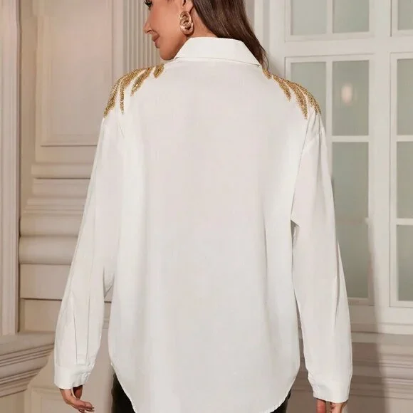 White Casual Women's Spring Beaded Long Sleeve Shirt - Picture 2 of 6